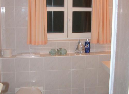 a bathroom with a toilet and a window with orange curtains at Ferienparadies Rugana B48 in Kreptitz