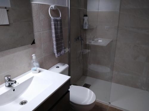 La salle de bains est pourvue de toilettes, d'un lavabo et d'une douche. dans l'établissement LES ROVILES, à Sant Pere de Torelló
