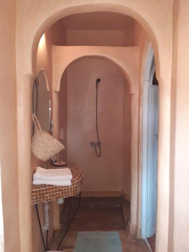 y baño con lavabo y ducha. en Riad Douar Des Oliviers en El Arba