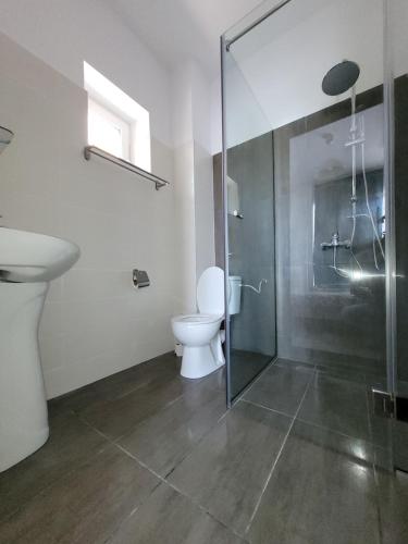 un baño con inodoro y ducha de cristal en Vila Ayra, en Eforie Nord