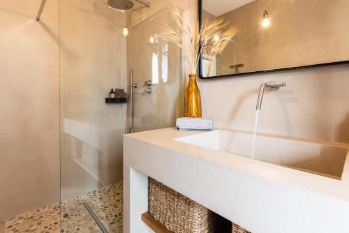 La salle de bains est pourvue d'un lavabo et d'une douche en verre. dans l'établissement La Ganza suite apartment Visit the most charming sea of Tuscany, à Portoferraio