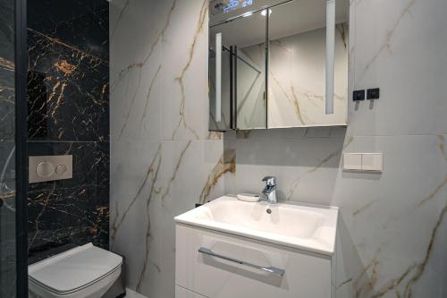 a bathroom with a sink and a toilet at Kaunas City Center Deluxe in Kaunas
