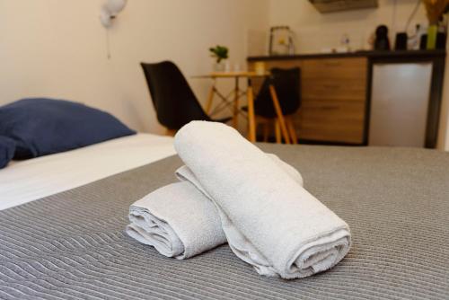 - 2 serviettes sur un lit dans une chambre dans l'établissement Izicozy Studios, à Châtellerault
