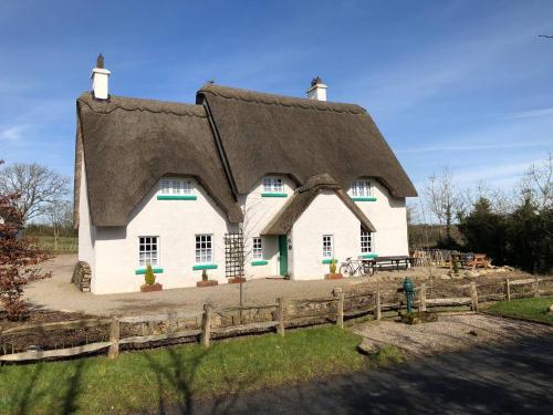 a large white house with a thatched roof at Rosehill House in Dungannon