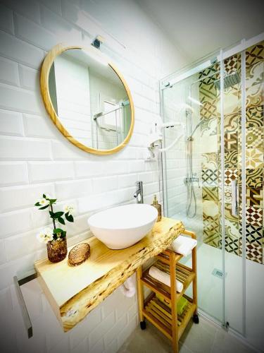 a bathroom with a sink and a mirror and a shower at Apartamentos Guaditania in Mérida