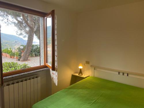 a bedroom with a green bed and a large window at Appartamenti Estivi Anna e Pino in Rio Marina