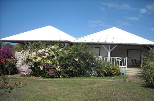 a house with two white roofs and some flowers at Gîtes Mosaïques in Sainte-Rose