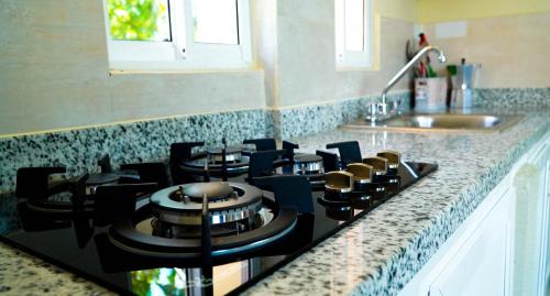 a kitchen counter with a stove and a sink at Hotel Turístico Marian in Las Terrenas