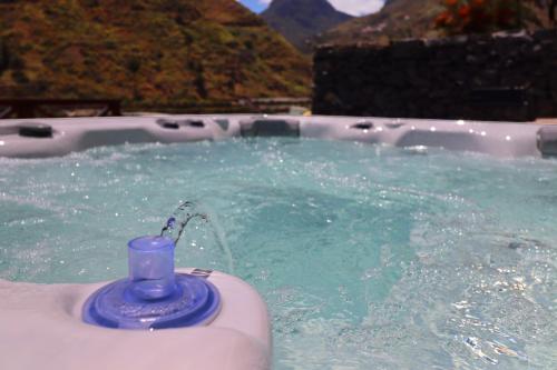a hot tub with a blue cup in the water at Hotel Escuela Rural Casa Los Herrera in Hermigua