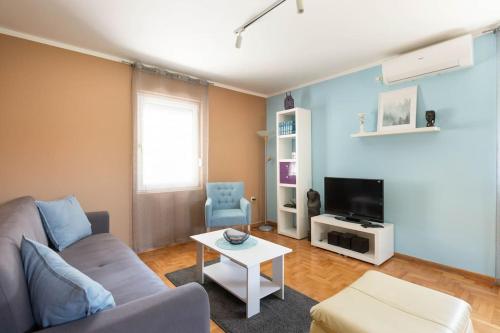 ein Wohnzimmer mit einem Sofa und einem TV in der Unterkunft Charlie&Blueberries in Belgrad