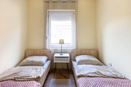 two twin beds in a room with a window at Charlie&Blueberries in Belgrade