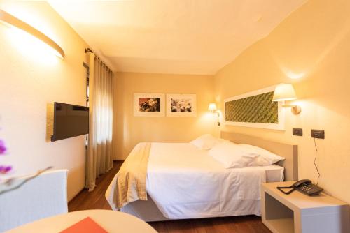 a hotel room with a bed and a tv at I Tre Poggi Dimora di Charme in Canelli