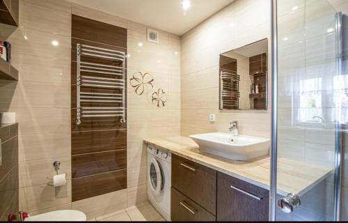 a bathroom with a sink and a washing machine at Biały domek nad stawem in Huta Wielka