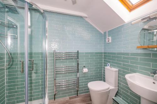 a bathroom with a shower and a toilet and a sink at Penbarden Barn in Bude