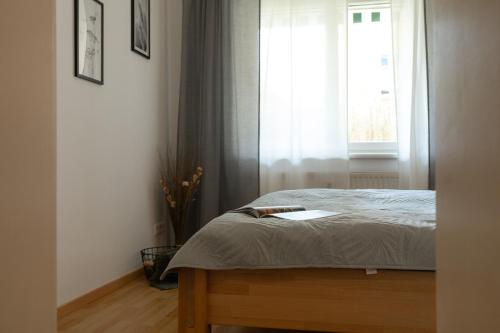 1 dormitorio con cama y ventana en Fresh Apartment with Terrace + Free Parking en Graz