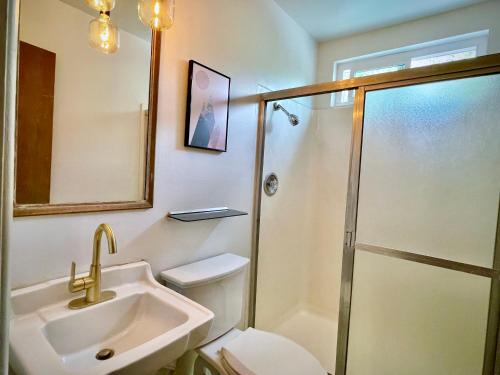 a bathroom with a shower and a sink and a toilet at Sierra Blue Hotel & Swim Club in Big Bear Lake