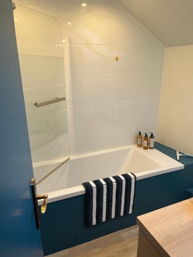 a bathroom with a bath tub with a shower at Havre d'amour in Mondeville