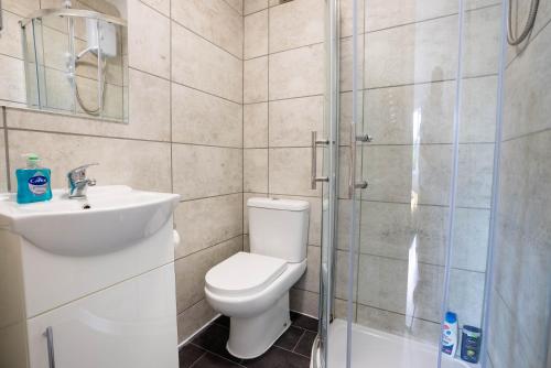 uma casa de banho com um WC, um lavatório e um chuveiro em No 02 Studio Flat Available near Aylesbury Town Station em Buckinghamshire