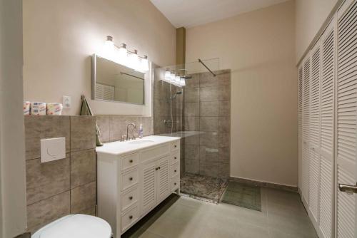 a bathroom with a sink and a shower and a toilet at Handelskade City Suites in Willemstad