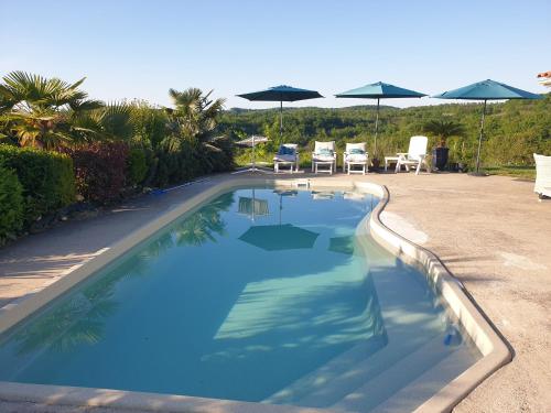 una gran piscina con sillas y sombrillas en Chambre d'hôtes à 10 mn au sud d'Auch, en Orbessan