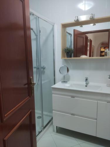 Un baño con ducha, lavabo y espejo. en Faro Stadium Flat by Freetimealgarve, en Faro