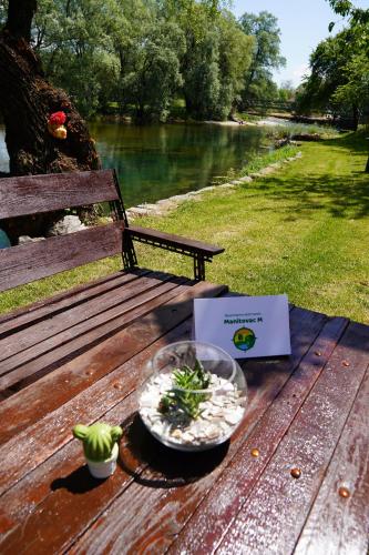 a table with a bowl of food and a box on a bench at Apartments Manitovac M in Nikšić