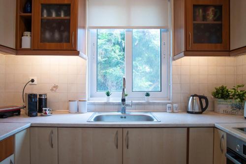 uma cozinha com um lavatório e uma janela em Helios: Charming beach home next to crystal waters em Nea Makri