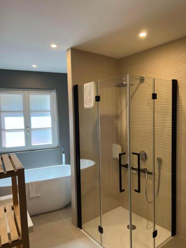 une salle de bain avec une douche, une baignoire et un lavabo dans l'établissement Hôtel Le Blason, à Amboise