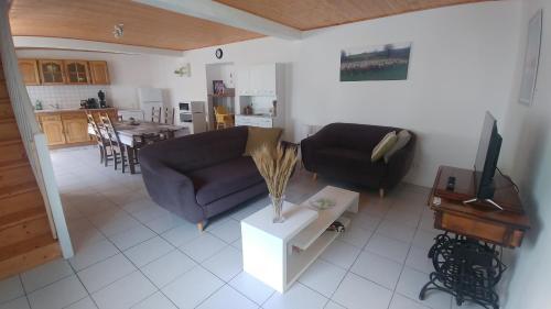 un salon avec un canapé et une table dans l'établissement Meublé de tourisme au cœur du village à Aramits , haut Béarn, à Aramits