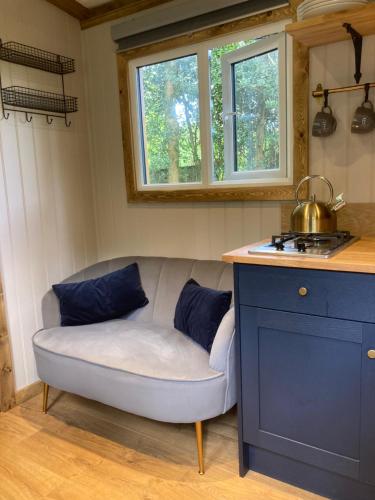 a couch in a kitchen with a blue cabinet and windows at Herdwick Shepherd Hut in Exeter