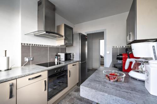 une cuisine avec un évier et une cuisinière four supérieur dans l'établissement le zentop, à Chalon-sur-Saône