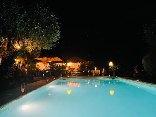 a large swimming pool at night with lights at ABEILLE in Vence