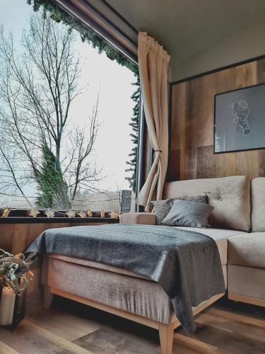 a bedroom with a bed and a large window at Tripsylvania Tiny House Fili in Şirnea