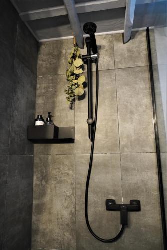 a shower in a bathroom with a bunch of bananas at Tripsylvania Tiny House Fili in Şirnea