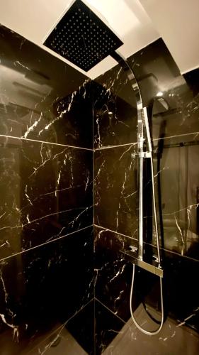 a bathroom with a black tiled wall with a shower at Le Bras d'or Apparts et Spa in Boulogne-sur-Mer