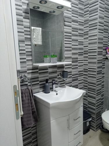 a bathroom with a sink and a mirror at Apartman SILVER in Sremska Mitrovica