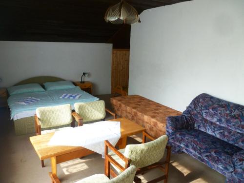 1 dormitorio con 1 cama, mesa y sillas en Pension Migr en Harrachov