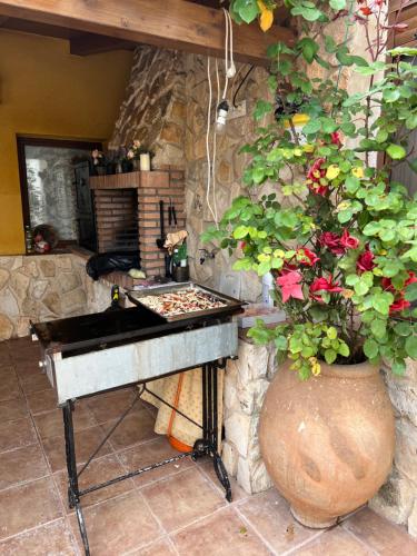 une cuisine en pierre avec un piano et un vase de fleurs dans l'établissement Casa Rural la Abuela Amelia, à Garcinarro