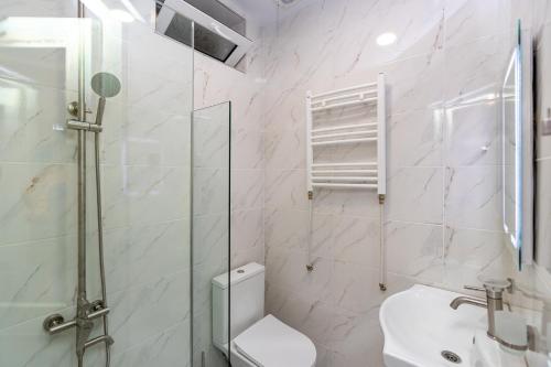 a bathroom with a shower and a toilet and a sink at TAMO Rooms in Tbilisi City