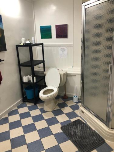a bathroom with a toilet and a shower stall at Art Gallery Hostel in Whitefield