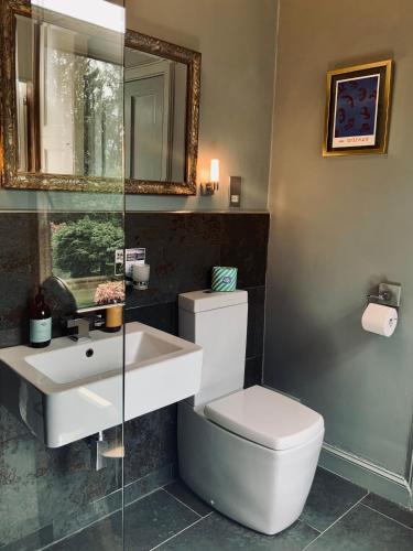 a bathroom with a toilet and a sink and a mirror at Ben A'an House in Callander