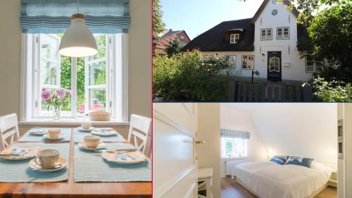 a dining room with a table and a house at Altes Schulmeisterhaus Wohnung 2 in Oevenum