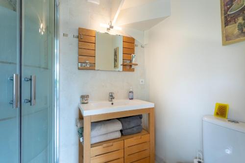 een badkamer met een wastafel en een douche bij Le Cottage Normand in Annebault