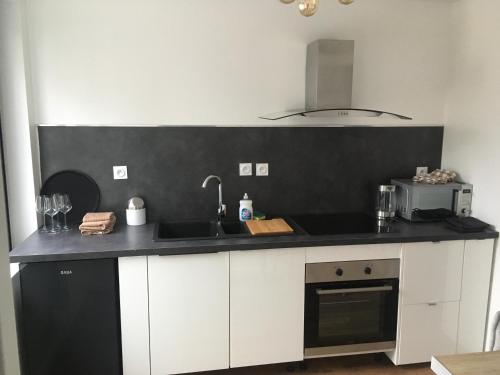 une cuisine avec un comptoir noir et blanc dans l'établissement Maison Cosy, à Pessac