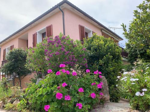 una casa rosa con fiori rosa di fronte di Spacious apartment by the sea a Cannigione