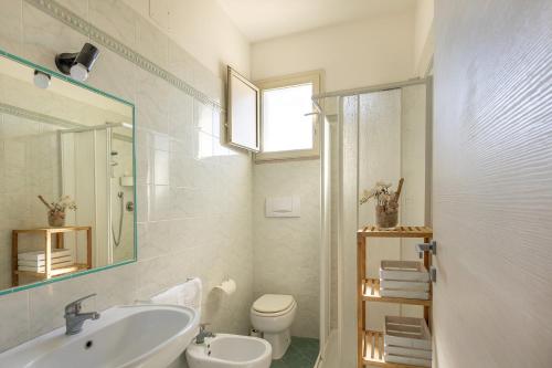 ein Badezimmer mit Waschbecken, Toilette und Spiegel in der Unterkunft Agriturismo Gli Etruschi in Populonia