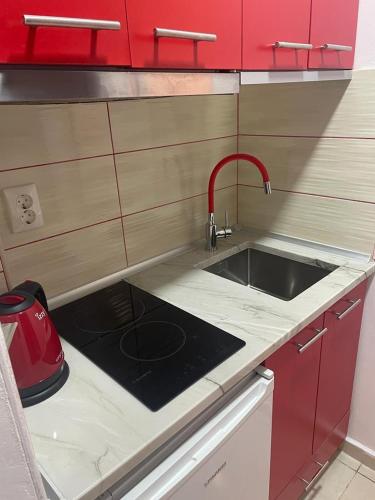 a kitchen with a sink and red cabinets at Royal Palace in Olympic Beach