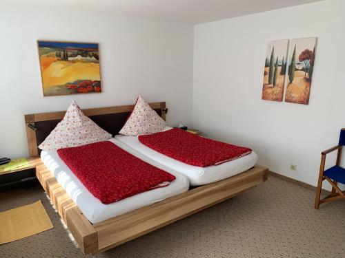 a bedroom with two beds with red pillows at Ferienwohnung am Krippenhof in Baden-Baden