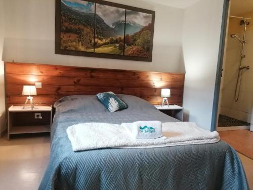 a bedroom with a bed with two night stands and two lamps at Auberge Chez Gabrielle - Vallée de Lesponne in Beaudéan