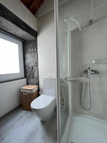 a bathroom with a toilet and a shower at Casa do Craveiro in Lajes do Pico